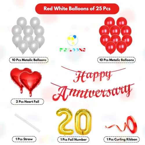 Image of Flyloons 20th Happy Anniversary Decoration Items Red White for Men Women Husband Wife Mom Dad Parent Couple Home Bedroom Car With 20 Pcs Metallic Balloons Anniversary Banner 2 Pcs Heart Set Kit