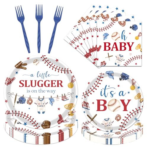 musaeva Baseball Baby Shower Decorations - 96 Pcs A Little Slugger is on The Way Baby Shower Plates Napkins Forks Tableware Set, Its A Boy Baseball Dinnerware Set for Boy Serves 24
