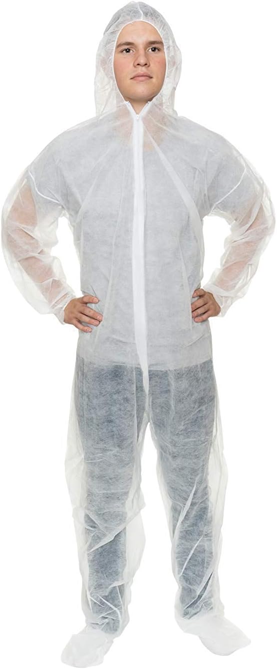 Disposable Ultra Lightweight Polypropylene Coveralls, (Clear/White) Elastic Wrist, Hood & Boots (5XL, Case of 25)