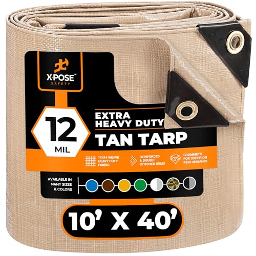 Heavy Duty Tan Poly Tarp 10 X 40 - Multipurpose Protective Cover - Durable Waterproof Weather Proof Rip and Tear Resistant - Extra Thick 12 Mil Polyethylene - by Xpose Safety