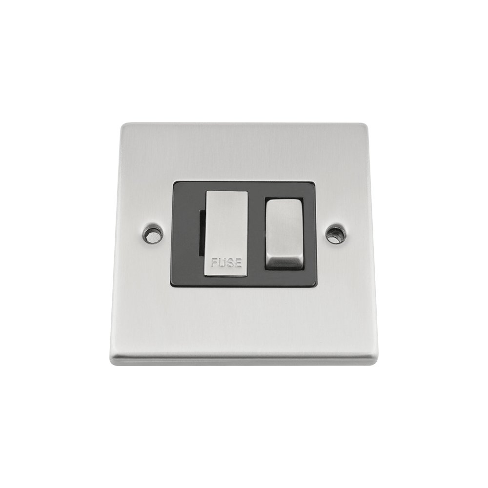 A5 Products Black Switched Fused Spur Switch - Satin Chrome - Square - Metal Rocker Switch - 13 Amp