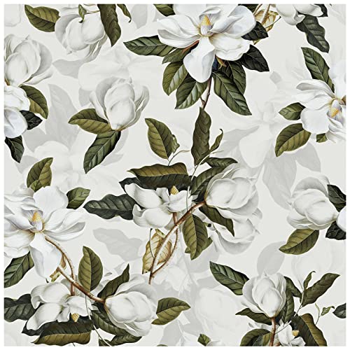 HAOKHOME Floral Peel and Stick Wallpaper Magnolia Green Leaf White Retro