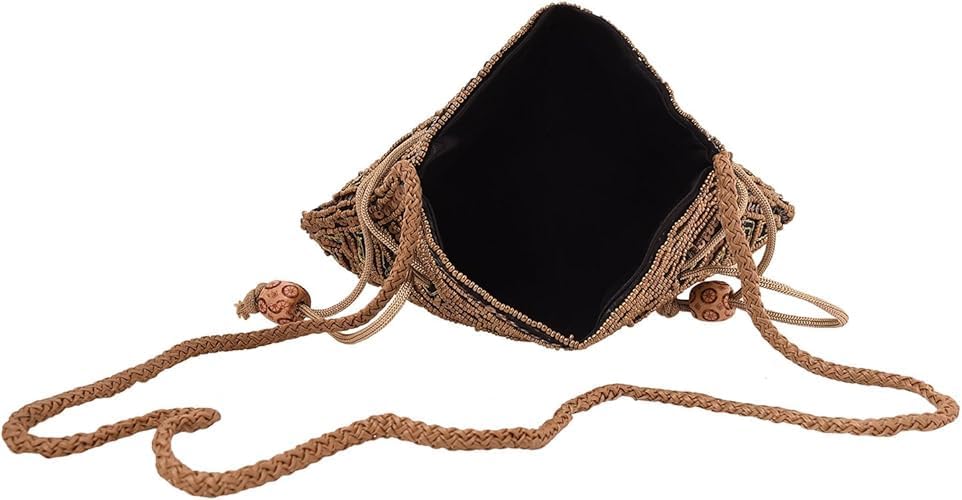 Craft Trade Women's Cotton Embroidered Potli Bag with Drawstring and Pearl Handle Pouch Golden Work Ladies Purse for Bridal - Image 3