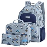 mommore Kids Backpack for Boys Preschool Kindergarten BookBag with Lunch Box Lightweight School Backpack Boys Backpacks for Elementary 4-8 (3 PCS, Truck)