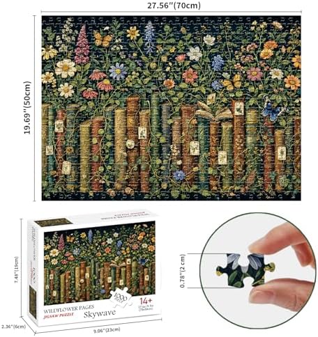 Wildflowers Puzzle 1000 Pieces for Adults | Impossible Hard Difficult Challenging Wildflower Pages Jigsaw Puzzle, Antique Bookshelf with Plant Floral Flowers & Butterflies for Puzzle Lovers - 1