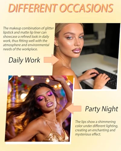 Shimmer Pink Lipstick with Brown Lip Liner Lips Combo Set, Long Lasting Shiny Glitter Diamond Plump Lipstick Kit, Full Coverage High Impact Lip Color, Nonstick Cup Lightweight Lips Makeup for Women-08