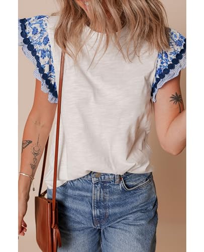 SELINK Womens Summer Ruffle Short Sleeve Top Crewneck T Shirts Floral Trim Casual Blouses3