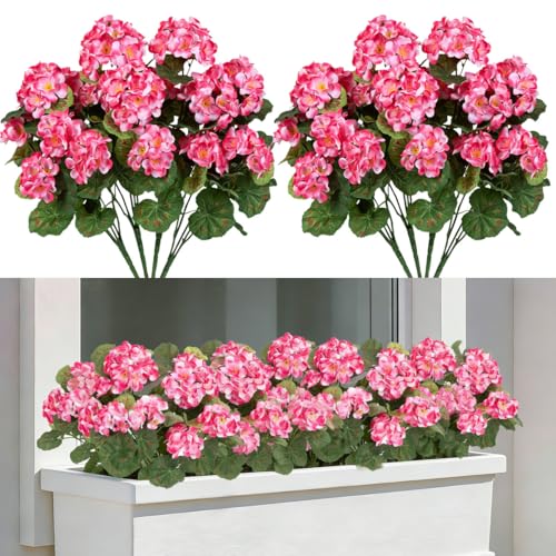 Laelfe 4 Pcs Gerani Finti da Esterno, Fiori Finti Artificiali Geranio per Esterno Balcone Patio Cimitero Sospensione di Fioriere Decorazione per Tavolo (Rosa)