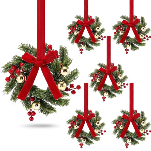 6PCS Mini Christmas Wreaths for Kitchen Cabinets with Red Ribbon & Berry