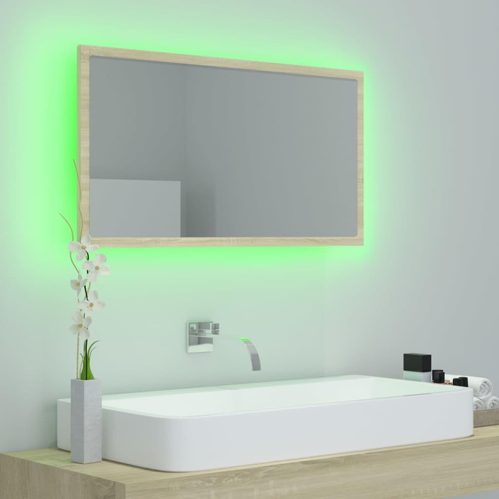 Lustro łazienkowe LED, dąb Sonoma, 80 x 8,5 x 37 cm, akryl z lampą RGB, lustro ścienne, wiszące i stojące, nowoczesne meble łazienkowe, zajmuje mało miejsca, nadaje się do umywalki