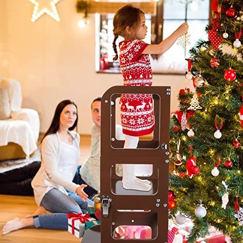 Kids Step Stool With Safety Rail 2 In 1 Convertible Toddler Standing Tower Or Montessori Learning Table, Mdf Child Standing Helper For Kitchen Bathroom Counter(Walnut) #TOP7