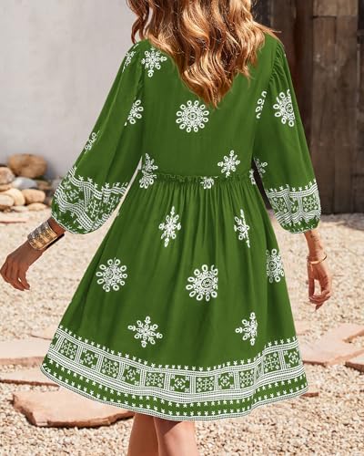 Image of BTFBM Women Casual Spring Summer Dresses V Neck 3 /4 Long Sleeve Ruffle Floral Flowy Boho Babydoll Mini Short Beach Dress