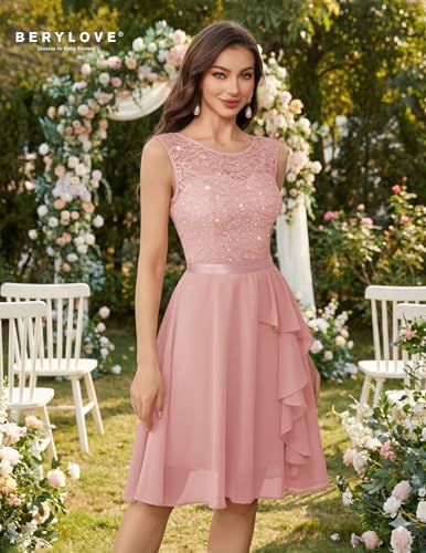 Image of BeryLove Womens Boat Neck A Line Sleeveless Lace Formal Homecoming Dress | Short Dress With Ruffle Hem, Sparkly Design Ideal For Wedding Guest,Bridesmaid Cocktail Prom & Evening Party Events