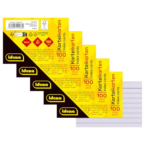 Idena 90279 - Karteikarten DIN A7, 500 Stück liniert, Lernkarten aus 180 g/m² FSC-Mix Papier in Weiß, für Schule und Büro