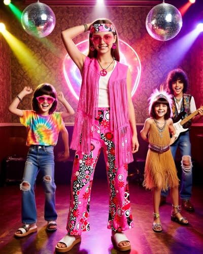 Disfraz hippie para niñas 60s 70s con accesorios miniatura 5