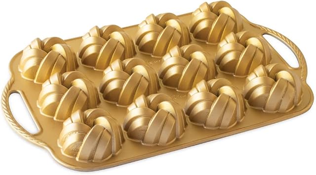 Nordic Ware Braided Mini Bundt Pan, Cast Aluminium Bundt Tin, Bundt Cake Tin with Braid Pattern, Cake Mould Colour: Gold