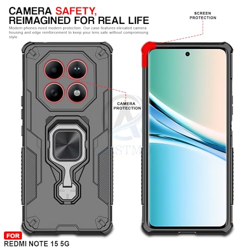 Image of AESTMO Armor Back Cover for Redmi Note 15 5G / Redmi Note 15 SE 5G / Poco M8 5G | Ring Holder & Kickstand & Camera Protection in-Built | 360 Degree Protection Back Case Cover (Black)