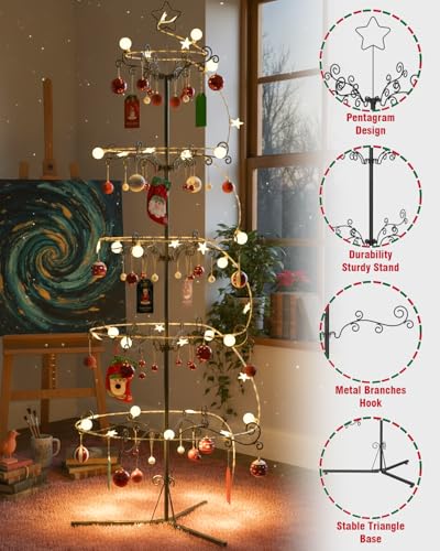 6.2フィートのクリスマスオーナメントディスプレイスタンドツリー、メタルクリスマスツリー、ボール54個、LEDライト80個、ストッキング2個、ホリデーカード6枚、錬鉄製のクリスマスツリーフック。オフィス、パティオ、リビングルーム用。 [5]