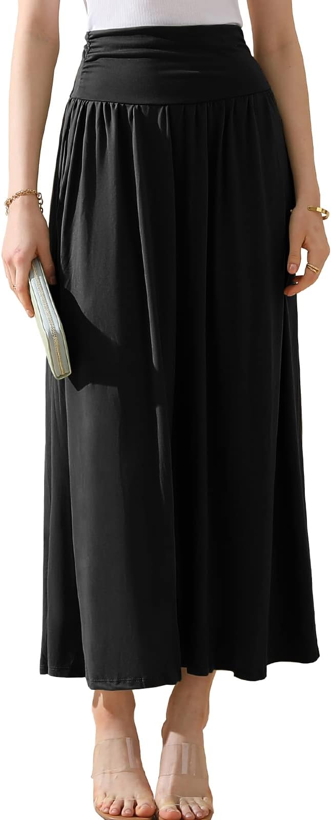 DOUBLJUCasual High Waisted Maxi Skirts with Pocket Elastic Wide Waist Band Flare Long Basic Skirts for Women Trendy Summer