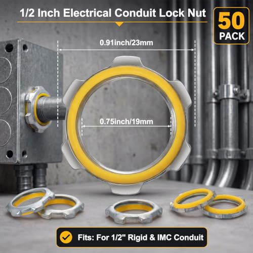 Image of Moxweyeni 50 Pcs 1 /2 Inch Electrical Conduit Lock Nut with PVC Molded Gasket Galvanized Steel Electrical Conduits Sealing Locknut for Rigid IMC Chemical Pipelines and Industry