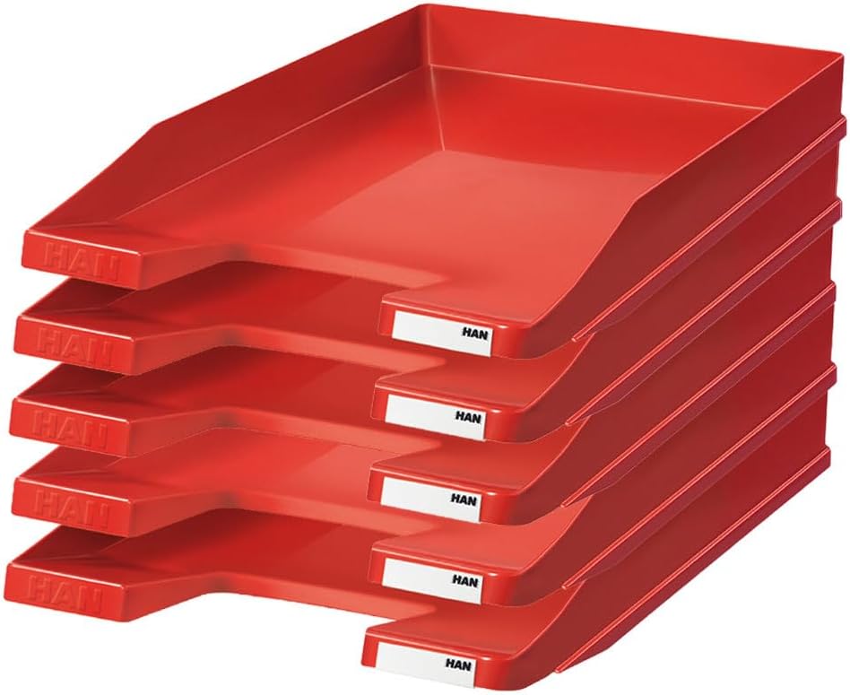 HAN Junior Letter Tray Pack of 5 Document Tray Letter Tray Letter Holder Organiser Office Paper Tray Flat Shelf up to DIN A4/C4 1025-17 Red