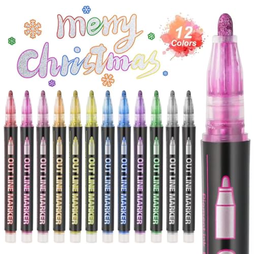 Aenmt 12 Colors Outline Markers, Double Line Shimmer Marker Pens for Christmas Greeting Cards, Scrapbook Crafts, Doodling, DIY Art Crafts, Easter Egg, Metal, Ceramic, Glass, Christmas Decor