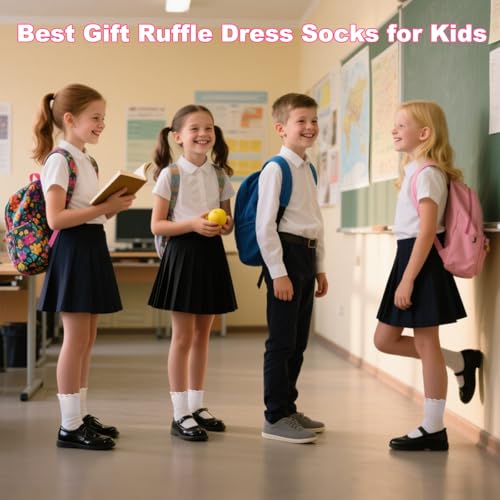 BISOUSOX Girls Socks 6-8 Years Old White Ruffle Cute Ankle Crew Frilly Ruffled Kids School Dress Socks for Girls 8-10 12 — view 3