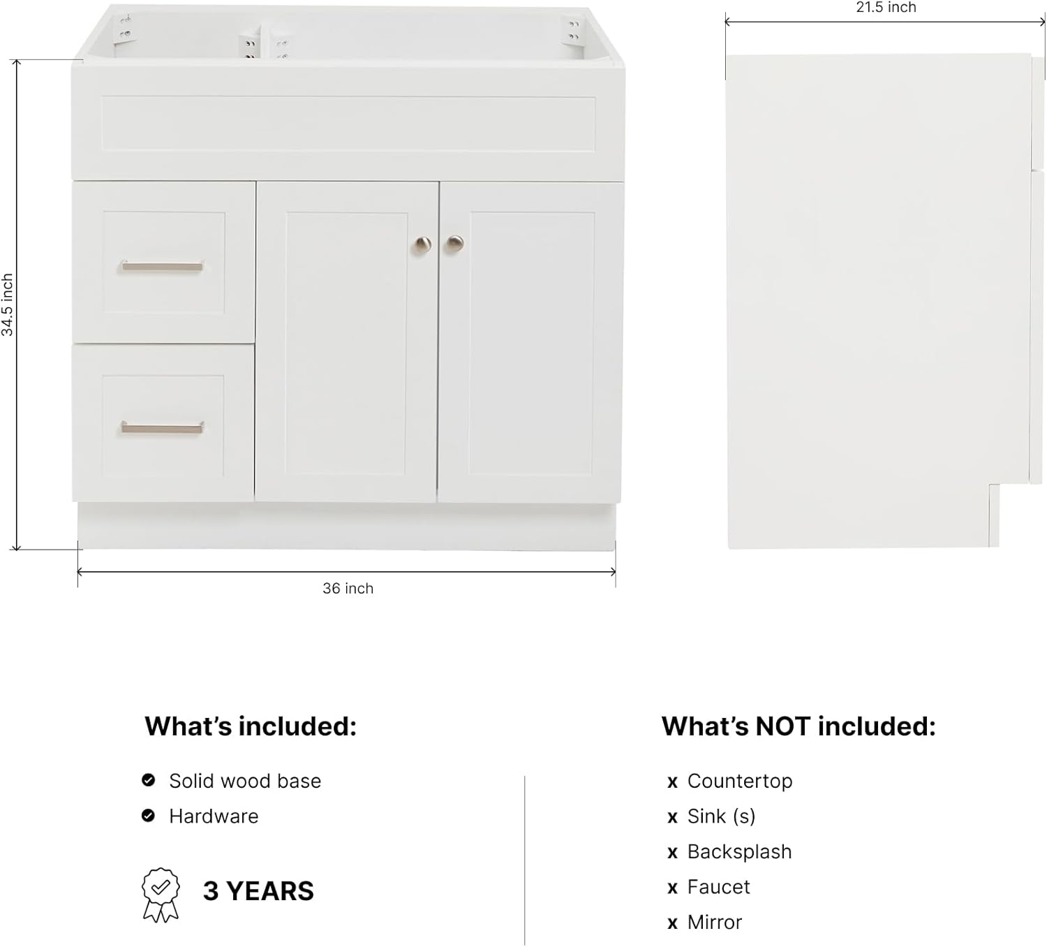 ARIEL Hamlet 36-inch Bathroom Vanity Base Cabinet,Solid Wood, 2 Soft Closing Doors, 2 Dovetail Drawers, Brushed Nickel, White