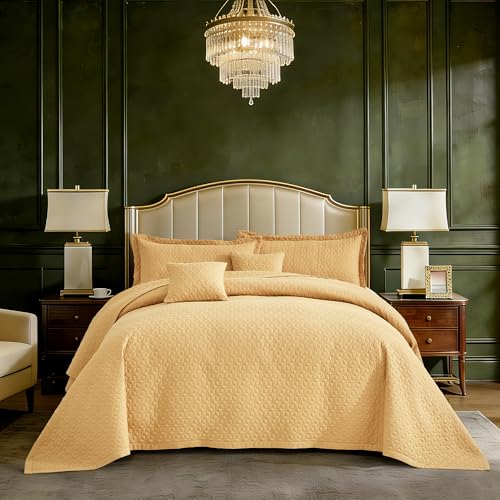 Image of Oversized King Bedspread 128x120 Extra Wide, Diamond Geometric Quilt Set King /Cal King, Lightweight Reversible Coverlet, Straight Edge - Warm Contemporary Look, 5 Piece, Honey Gold