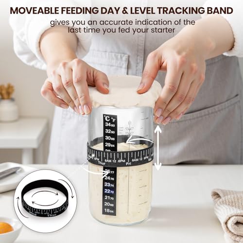 Thyme Space Sauerteig-Starter-Set, 730ml Sauerteig-Starter-Set mit Holzdeckel und Stoffabdeckung, Datumsmarkierung, Thermometerband, Sauerteigbehälter für die Herstellung von Brot