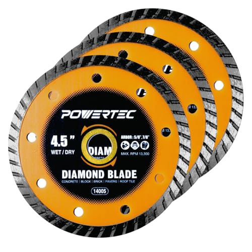 Image of POWERTEC 4-1 /2 inch Turbo Diamond Saw Blade for Angle Grinder, Diamond Blade for Cutting Concrete, Granite, Brick, Paver, Roofing Tile, 4.5 inch Diamond Blades for Wet /Dry Cutting, 3 Pack (14005-P3)