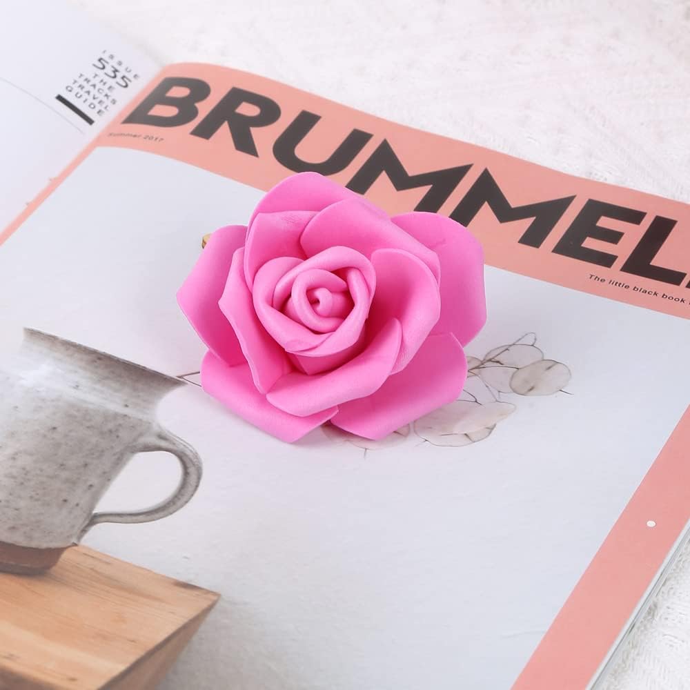 IPOPU Artificial Rose Flower Heads, 100pcs Real Looking Hot Pink Foam Fake Roses for DIY Wedding Baby Shower Centerpieces Arrangements Party Tables Home Decorations (Hot Pink, Stemless) 100pcs Hot Pink