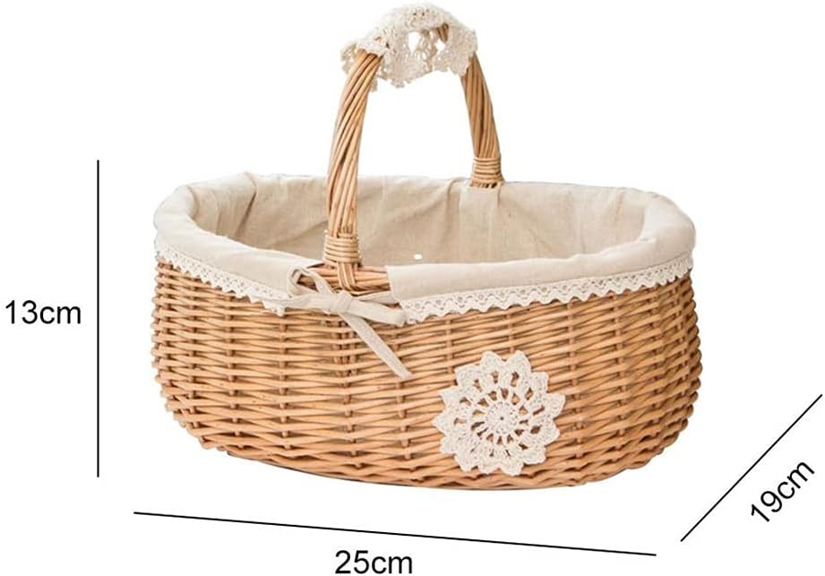Picnic Wicker Basket Fruit Rattan Storage Box Snacks Tea Basket Willow and Cloth Storage Basket with Lid (Color : Brown, Size : ONE Size) (Brown One Size)
