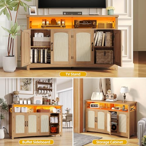 DWVO Farmhouse TV Stand for Living Room, 35.4" Tall Rattan Entertainmenr Center w/2-door Cabinet, Rustic Wood Buffet Cabinets, Boho Media Console Table with LED Lights for 45/50/55/60 Inch TV (Oak)
