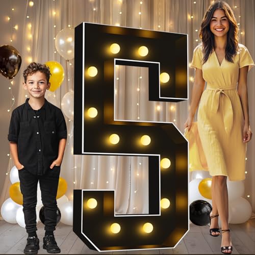 Image of Pooqla 4FT Marquee Light Up Numbers 5 for 5th 50th Birthday Decorations | Black LED Marquee Numbers Party Backdrop, 4 Feet Large Mosaic Numbers 5th 25th 50th Anniversary Birthday Gift for Boys Men