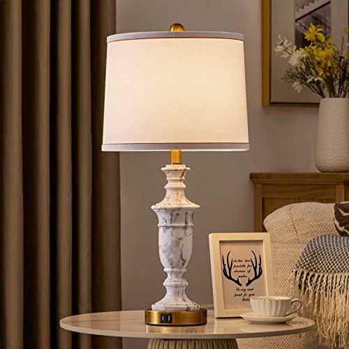 Kivditzo White Marble Finish Touch Control Bedside Table Lamp Set Of 2 Round Linen Shade 5V/2A Usb Charging Ports Lamp For Living Room Reading Room Bedroom Home Office #TOP5