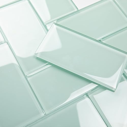 Lovdeco Light Green Glass Subway Tile, Glass for Bathroom Kitchen