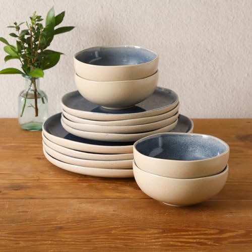 Image of Gibson Elite Manila Bay 12-Piece Stoneware Dinnerware Set, Service for 4, Reactive Glaze Modern Artisan Plates, Bowls & Mugs, Blue, Round Design