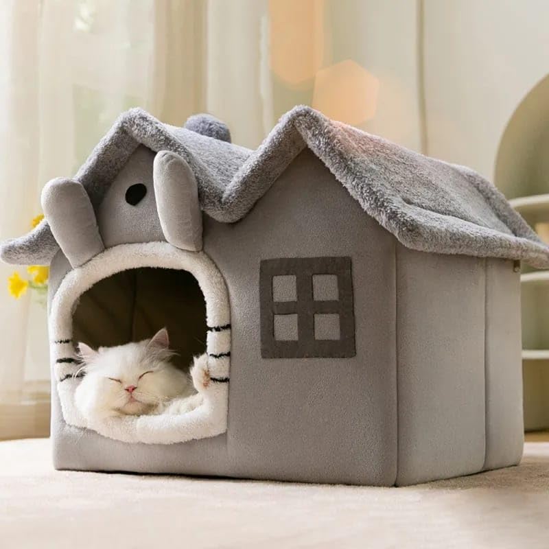 Tineke Kedi Evi Yumuşak Kedi Yatağı Derin Uyku Ve Kış Evi Çıkarılabilir Minder -villa 1adet (GRİ KÜÇÜK BOY)