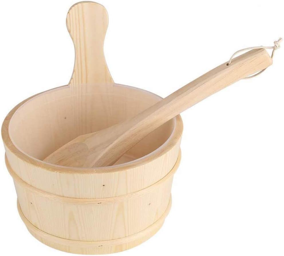 gongxi Wooden Sauna Bucket, 4L Sauna Accessory Bath Natural Wood Bucket + Ladle Set for Sauna Spa Bath Accessories