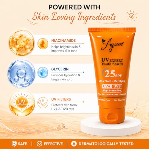 Image of Aysun SPF25 Matte Look Sunscreen, Oil-Free, UVB & UVA Protection, Mattifying Sunscreen For Oily Skin, Water-Resistant, Non-Sticky, Long Lasting, Face Primer - 100 Gm
