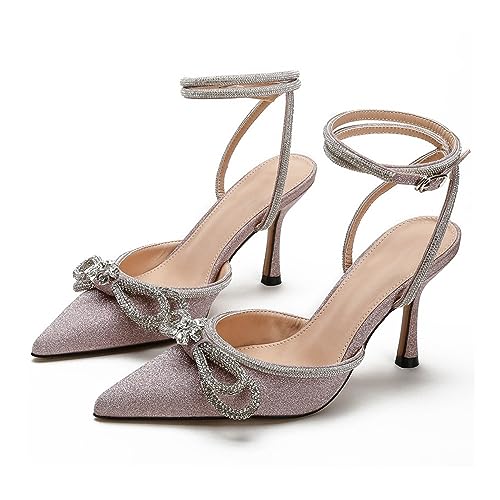 Rhinestone Bow Tie Thin Heel High Heel Shoes Summer High Heel Sandals Wrapped Back and Versatile, Sizes 5-10(C,7)