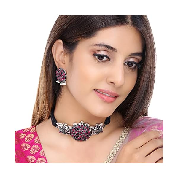 Yellow Chimes Traditional Silver Oxidised Jewellery Set Silver Choker Set | Threaded Peacock Shaped Stone Choker Necklace Set | Birthday Gift For Girls and Women Anniversary Gift for Wife - Image 5