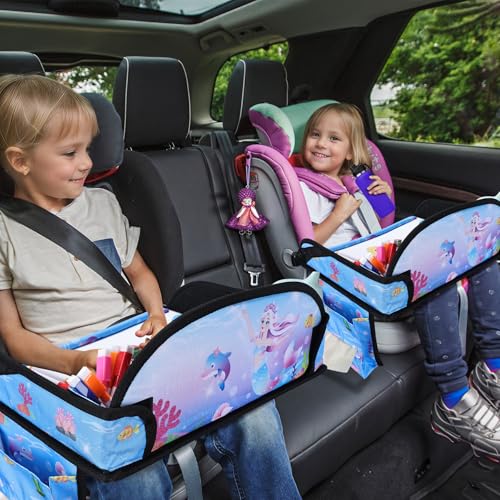 Image of Kids Travel Tray for Car Seat, Road Trip Essentials for Toddler, Carseat Lap Tray with Dry Erase Board & Storage Organizer for Activities, Bluish Violet
