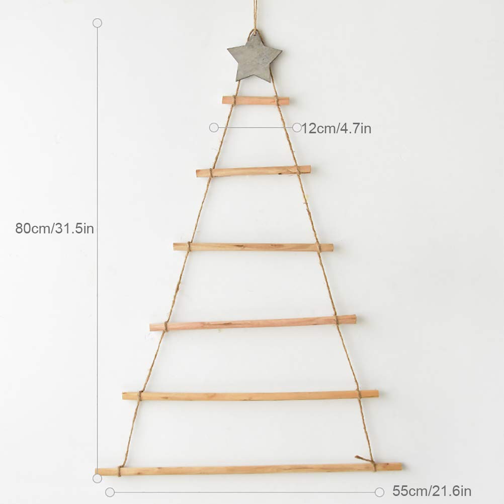 Decoración de pared colgante de árbol de Navidad, escalera de cuerda de madera colgante de 80 cm, decoración de pared de árbol de Navidad, ramas, escalera de madera iluminada, decoración de Navidad