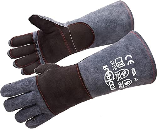 RAPICCA Kaminhandschuhe, 932 °F, Feuerfestes Leder,16 Zoll, Dunkelgrau | Für Holzofen, Lagerfeuer, Holzkohle, Gusseisen, BBQ-Grill, Backofen, Elektroden- & MIG-Schweißen, Schmiede