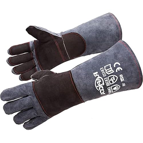 RAPICCA Fireplace Fire Pit Gloves, 932°F Fireproof Leather, 16in Dark Grey