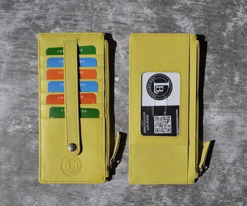 Leatherboss Genuine Leather Women's All in One Credit Business Card Case Holder Slim Zipper Wallet With a Card Protection Strap, Lemon4