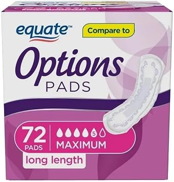 Equate Options Womens Incontinence Pads, Maximum Absorbency, Long Length, 72 Count