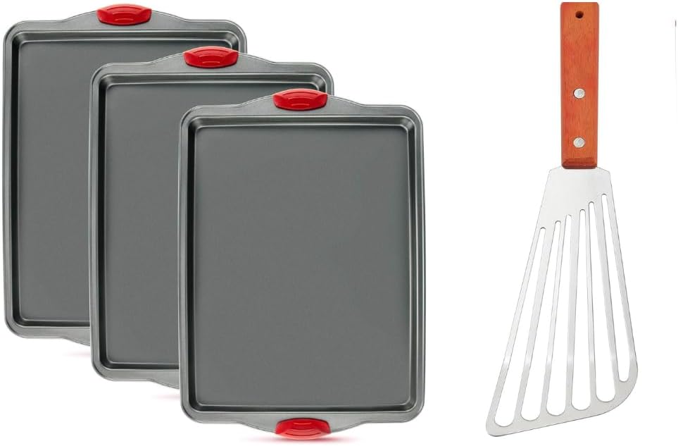 Nonstick Baking Sheet Pans & Fish Turner with Wooden Handle – 3-Piece Carbon Steel Baking Tray Set + Stainless Steel Slotted Spatula – Heavy-Duty Cookware for Baking, Frying & Grilling